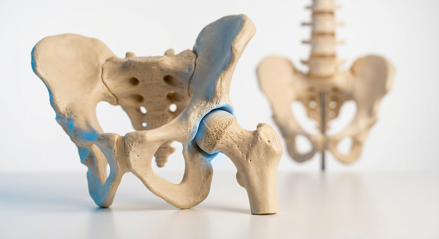 Hip replacement recovery — anatomy model showing hip joint