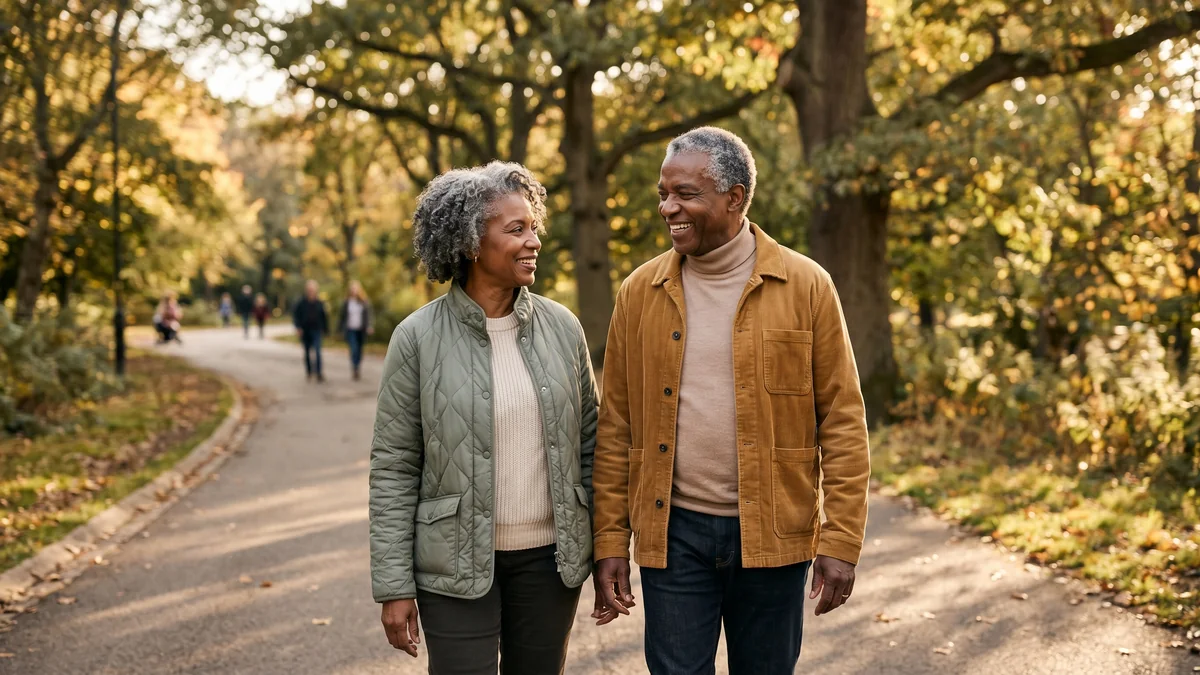 An older couple walking together on a tree-lined park path in warm autumn light