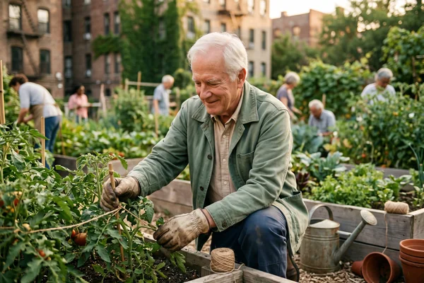 An older man tending tomato plants in a raised garden bed in warm evening light