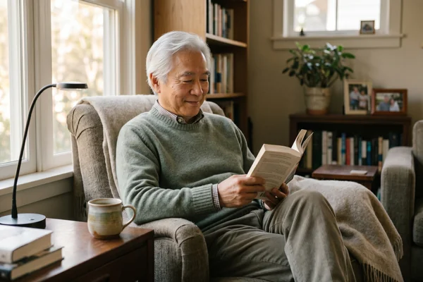 An older man resting comfortably in a sunlit armchair at home with a book and a mug of tea