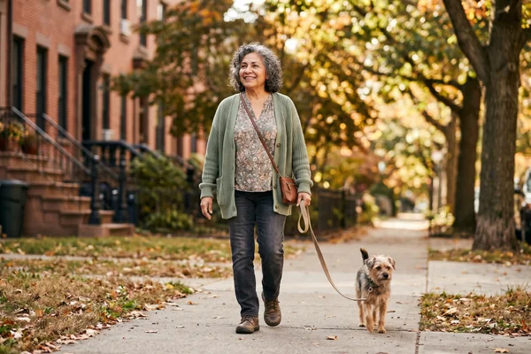 An older woman taking an easy walk with a small dog along a quiet tree-lined sidewalk